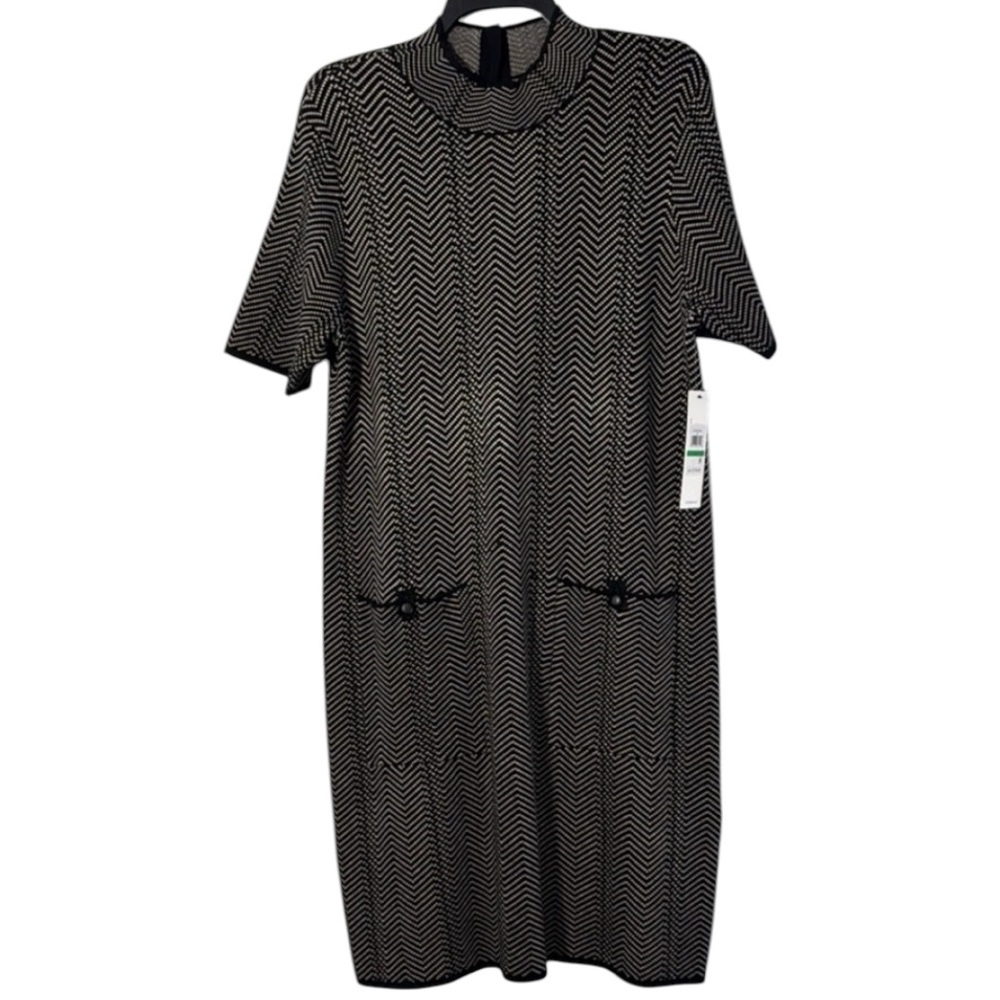 Calvin‎ Klein Dress Black/White Mock-Neck Jacquard Sheath in Size L  NWT